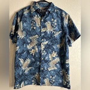 CSTL Coastal Men’s Navy Tan Pineapple Short Sleeve Button Down Size M